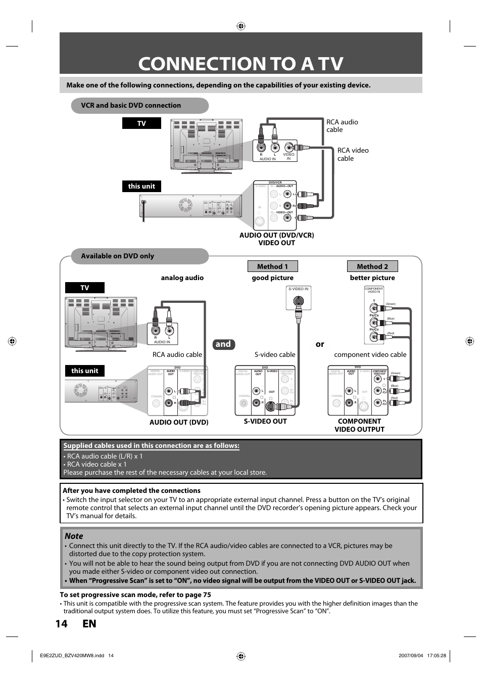 Connection to a tv, 14 en 14 en | FUNAI BZV420MW8 User Manual | Page 16 / 94