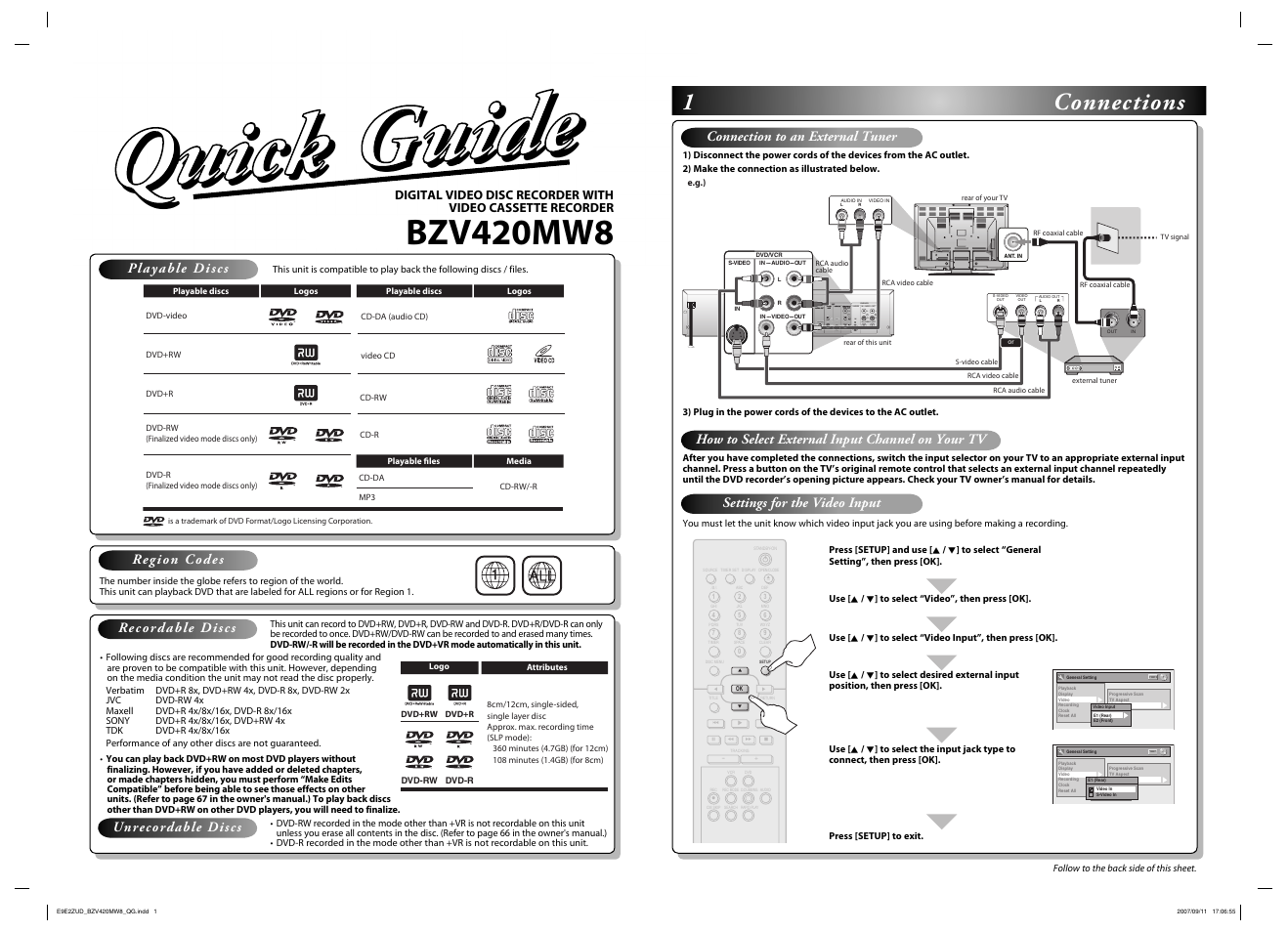 Bzv420mw8, 1connections, Connection to an external tuner | E.g.) | FUNAI BZV420MW8 User Manual | Page 2 / 94