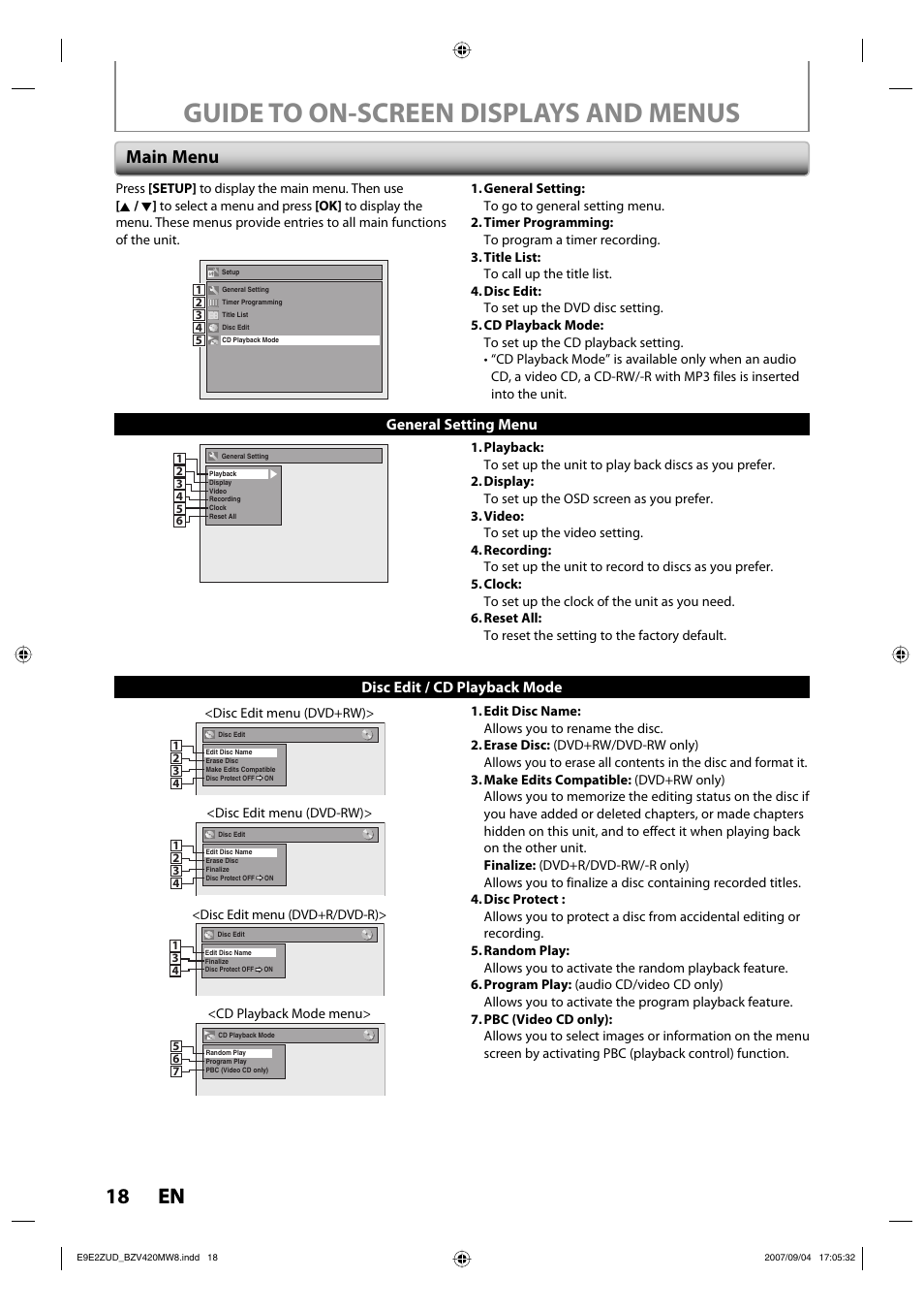 Guide to on-screen displays and menus, 18 en 18 en, Main menu | Disc edit / cd playback mode, General setting menu | FUNAI BZV420MW8 User Manual | Page 20 / 94