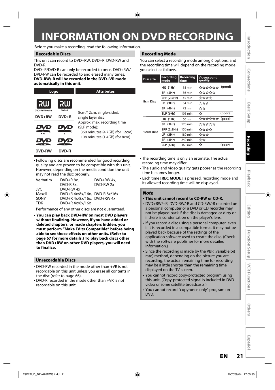 Information on dvd recording, 21 en 21 en | FUNAI BZV420MW8 User Manual | Page 23 / 94