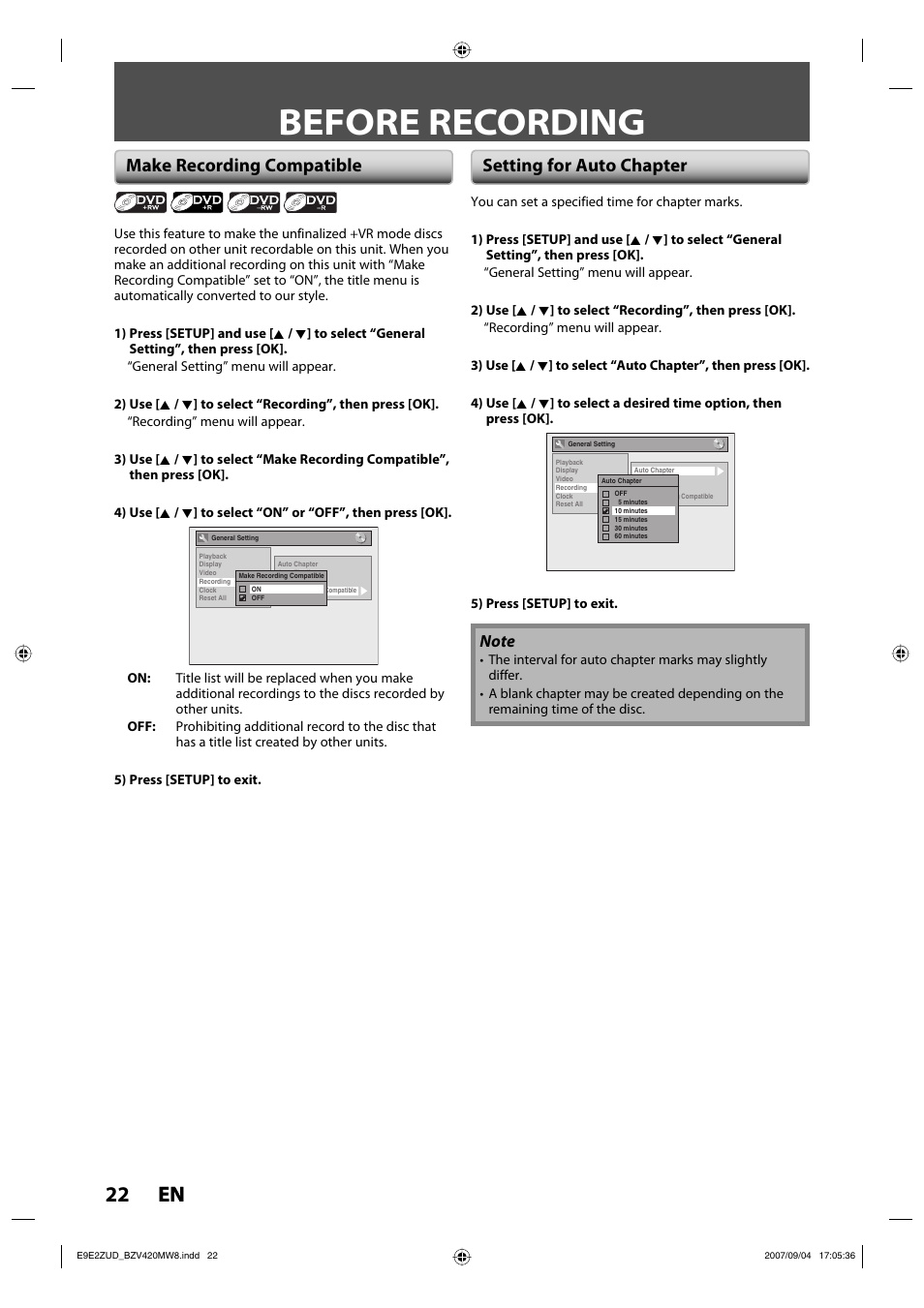 Before recording, 22 en 22 en, Make recording compatible setting for auto chapter | FUNAI BZV420MW8 User Manual | Page 24 / 94