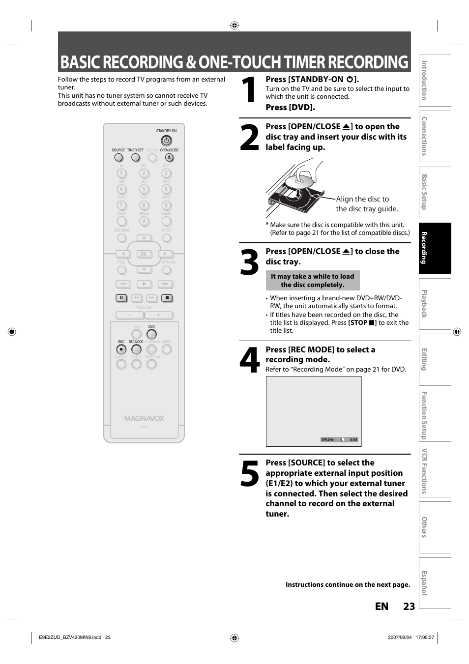 Basic recording & one-touch timer recording, 23 en 23 en | FUNAI BZV420MW8 User Manual | Page 25 / 94