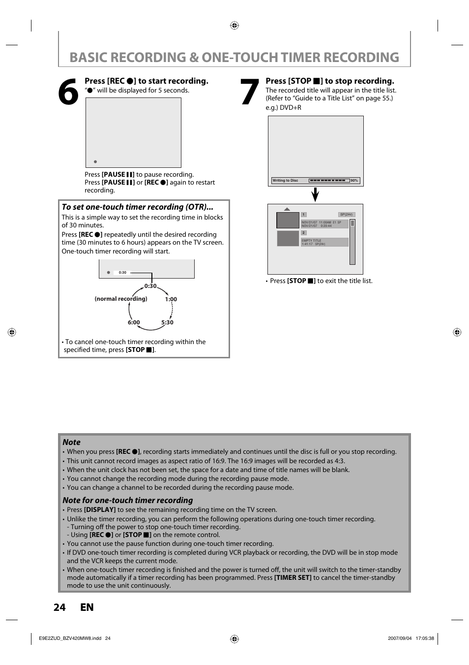 Basic recording & one-touch timer recording, 24 en 24 en | FUNAI BZV420MW8 User Manual | Page 26 / 94