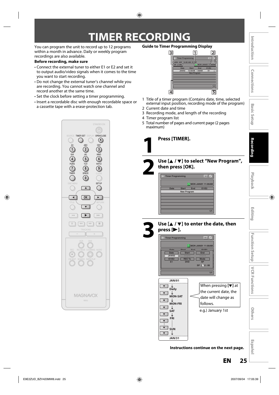 Timer recording, 25 en 25 en, Press [timer | Use [ k / l ] to enter the date, then press [ b | FUNAI BZV420MW8 User Manual | Page 27 / 94