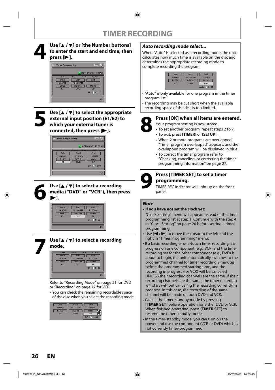 Timer recording, 26 en 26 en, Use [ k / l ] to select a recording mode | Press [ok] when all items are entered, Press [timer set] to set a timer programming, Auto recording mode select | FUNAI BZV420MW8 User Manual | Page 28 / 94