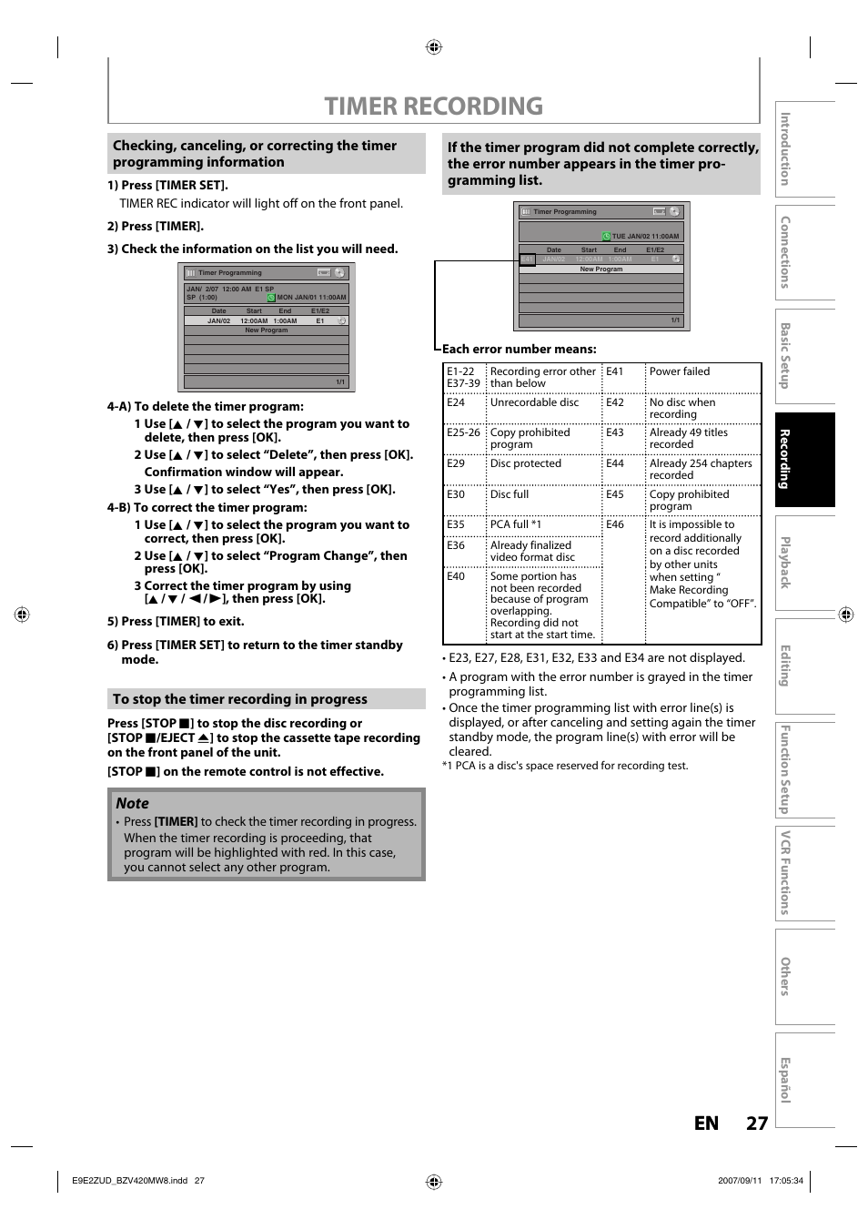 Timer recording, 27 en 27 en | FUNAI BZV420MW8 User Manual | Page 29 / 94