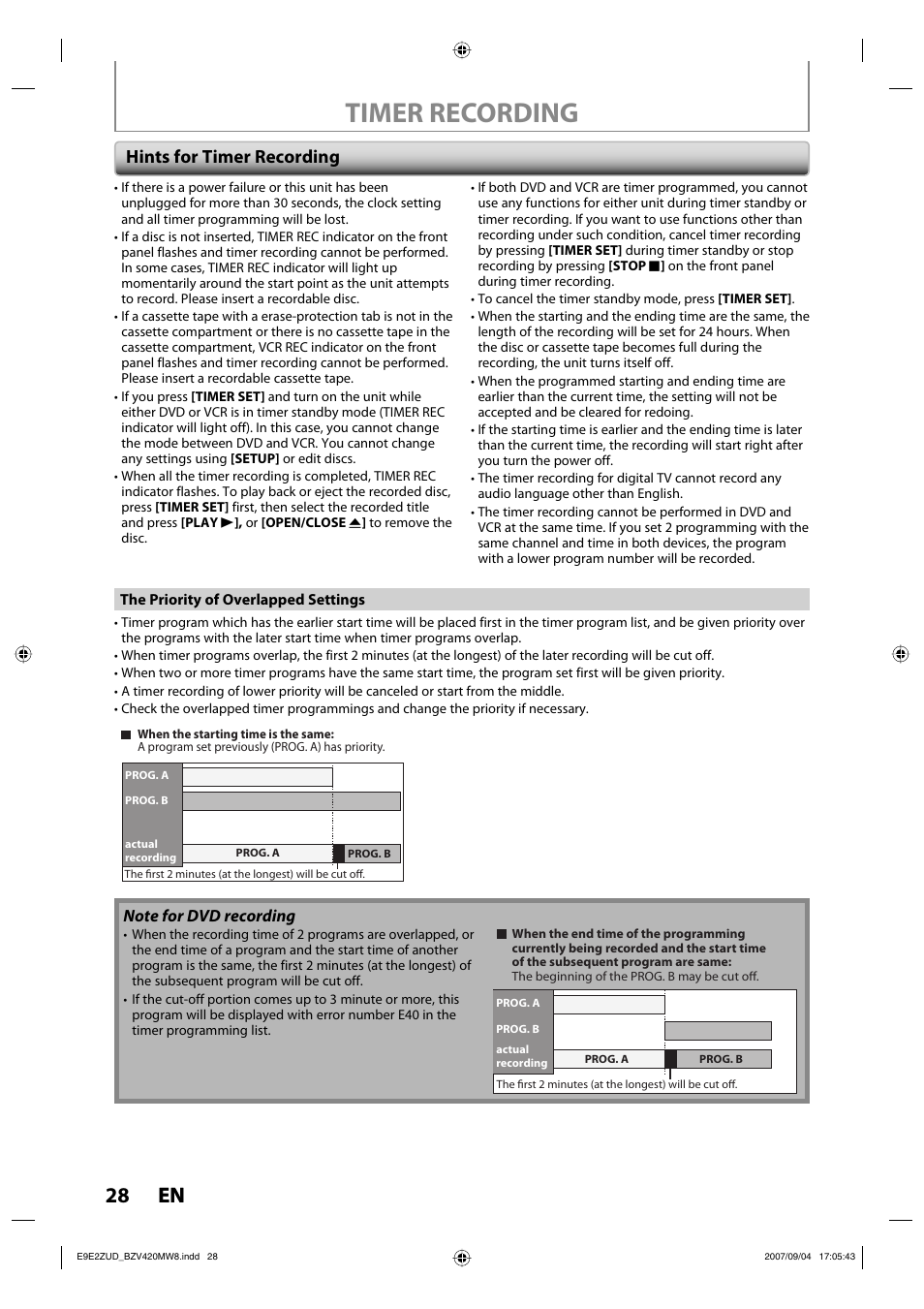 Timer recording, 28 en 28 en, Hints for timer recording | FUNAI BZV420MW8 User Manual | Page 30 / 94