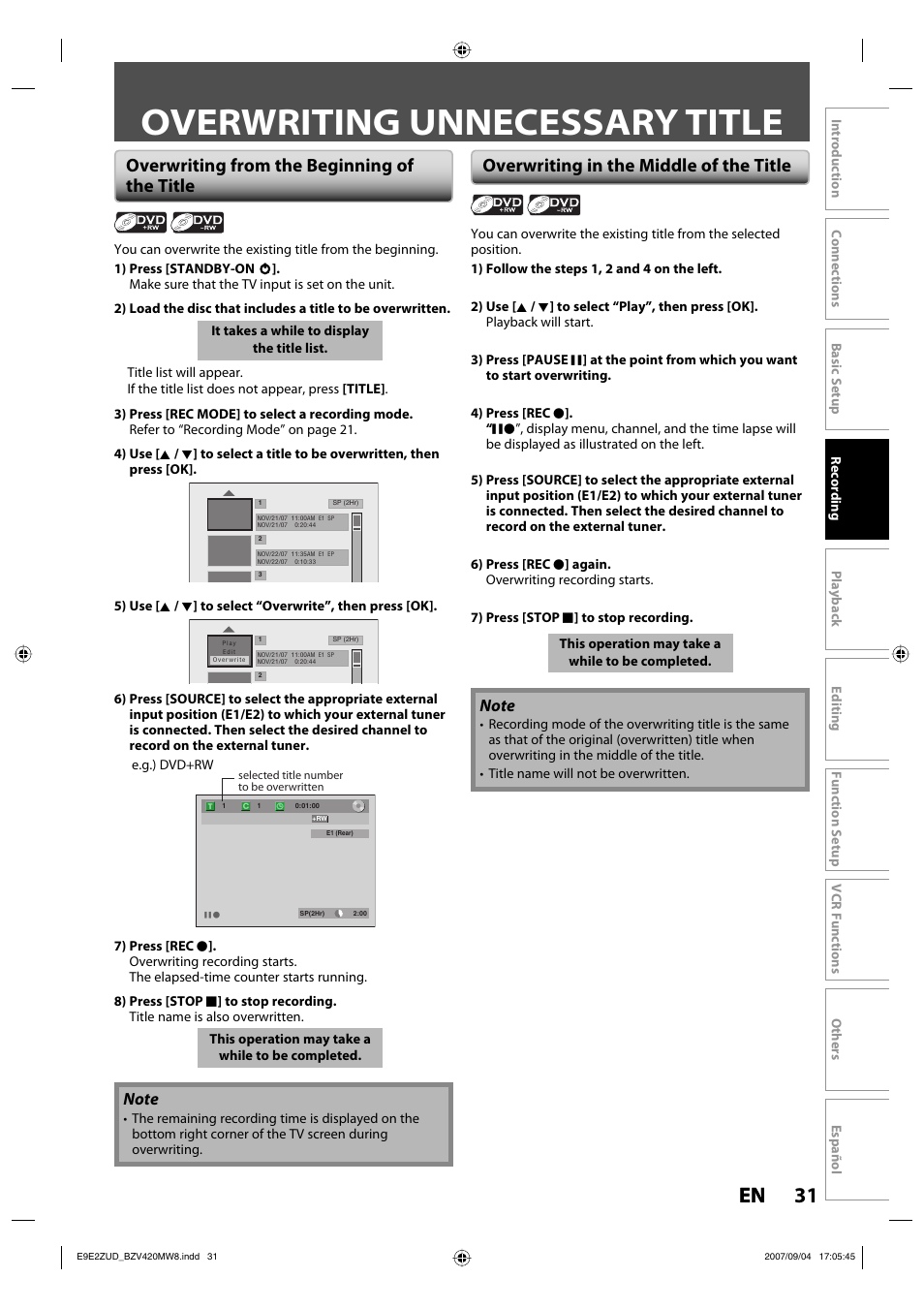 Overwriting unnecessary title, 31 en 31 en, Overwriting from the beginning of the title | Overwriting in the middle of the title | FUNAI BZV420MW8 User Manual | Page 33 / 94