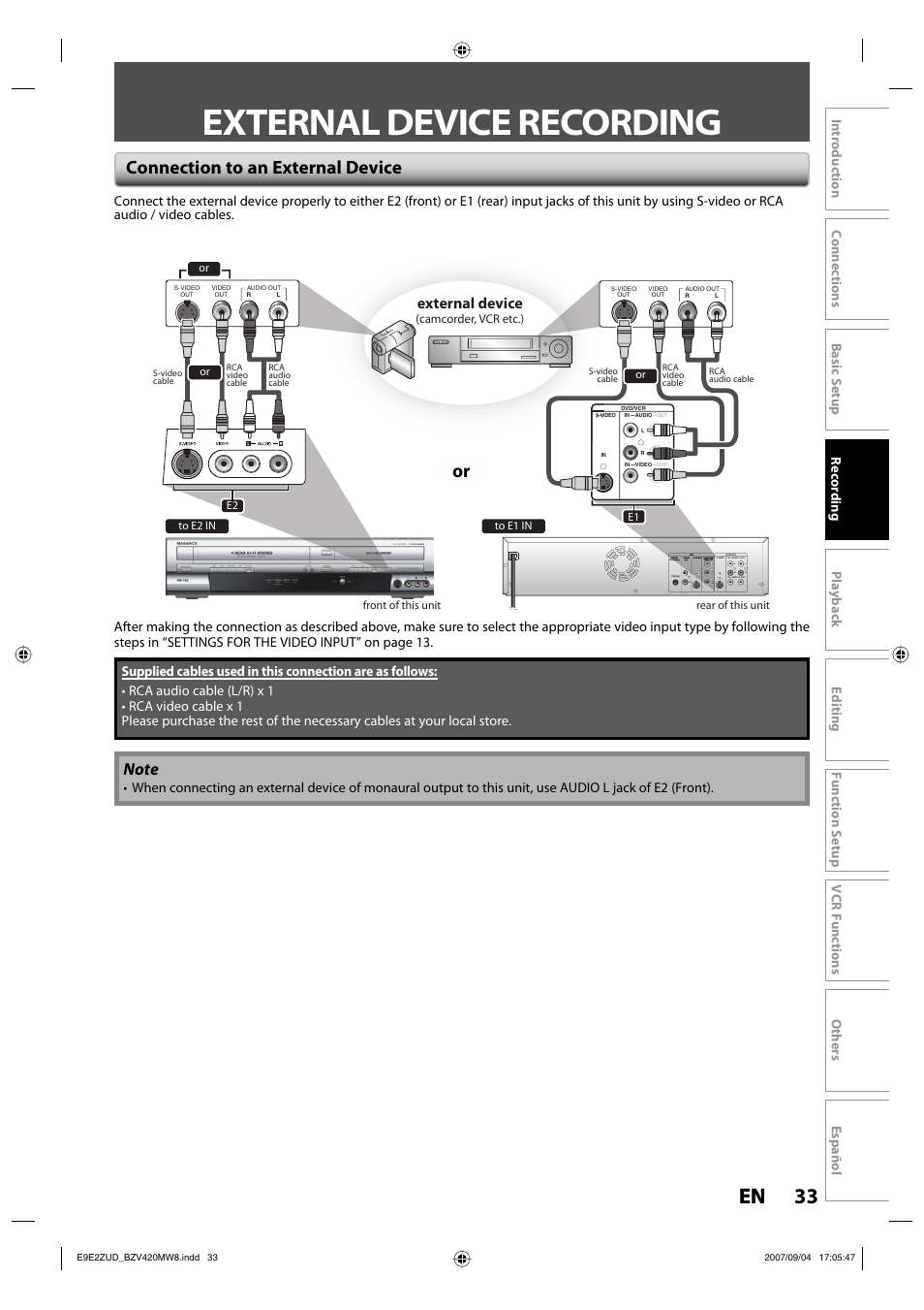 External device recording, 33 en 33 en, Connection to an external device | External device | FUNAI BZV420MW8 User Manual | Page 35 / 94