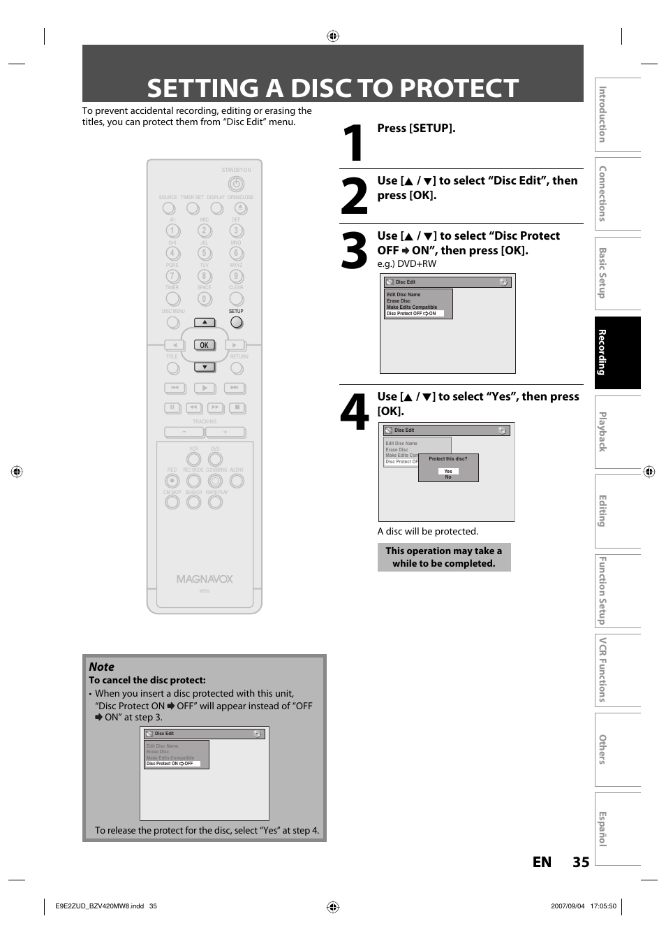 Setting a disc to protect, 35 en 35 en, Press [setup | Use [ k, Use [ k / l ] to select “yes”, then press [ok | FUNAI BZV420MW8 User Manual | Page 37 / 94