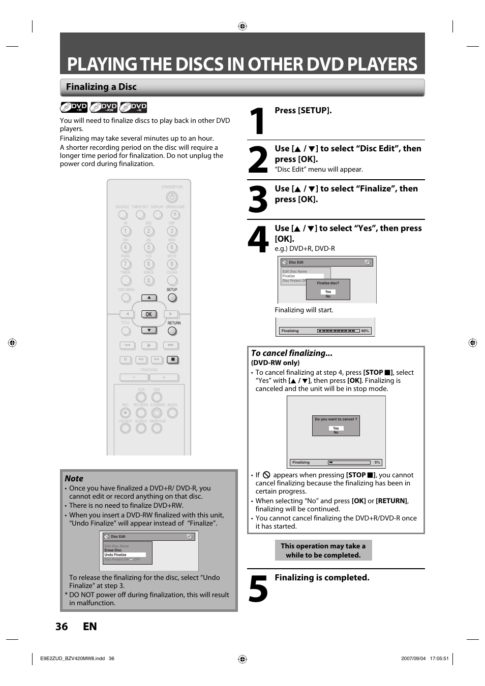 Playing the discs in other dvd players, 36 en 36 en, Finalizing a disc | FUNAI BZV420MW8 User Manual | Page 38 / 94