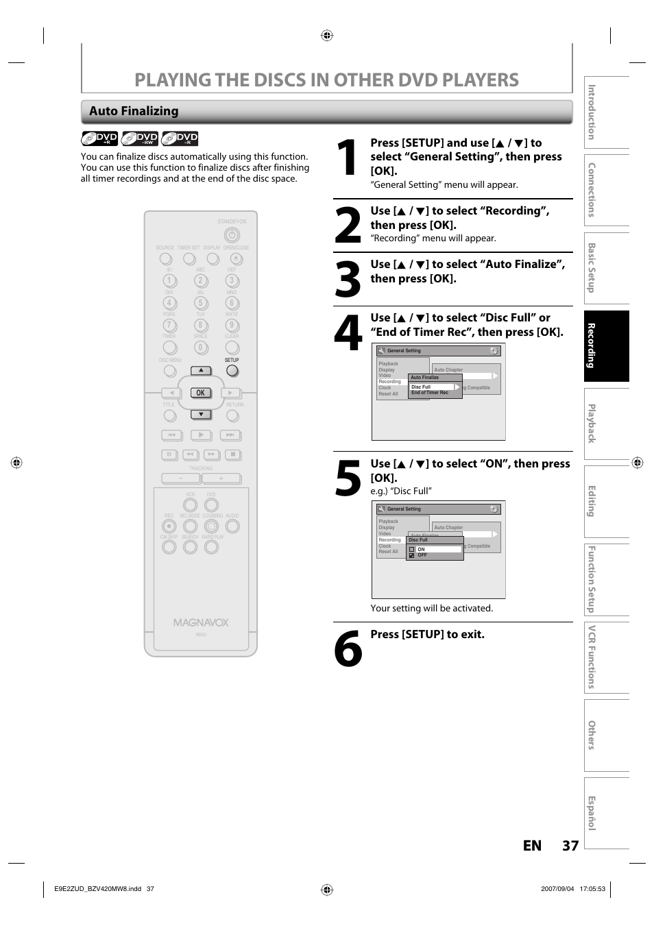 Playing the discs in other dvd players, 37 en 37 en, Auto finalizing | FUNAI BZV420MW8 User Manual | Page 39 / 94