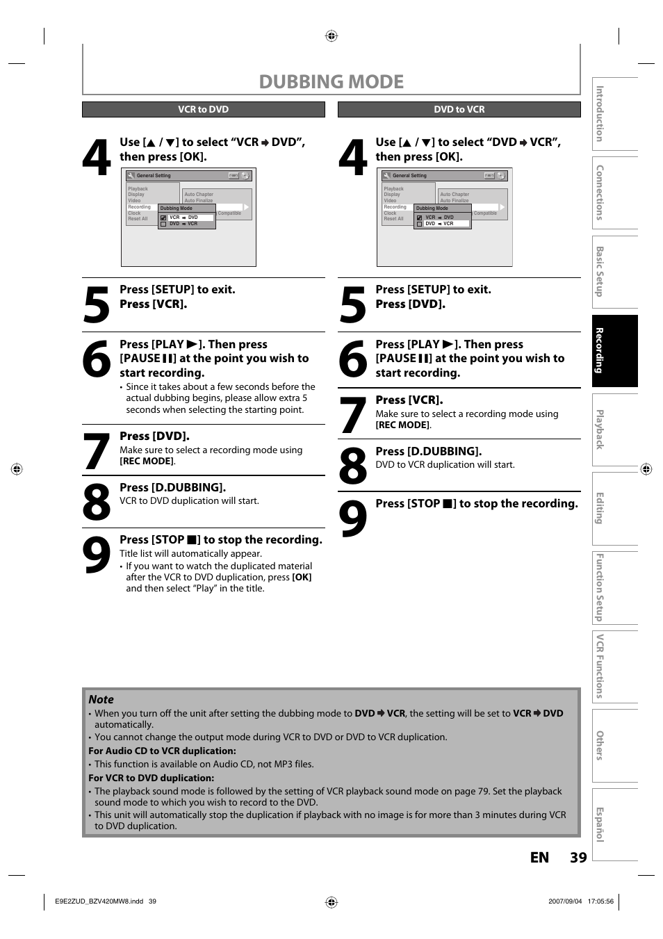 Dubbing mode | FUNAI BZV420MW8 User Manual | Page 41 / 94