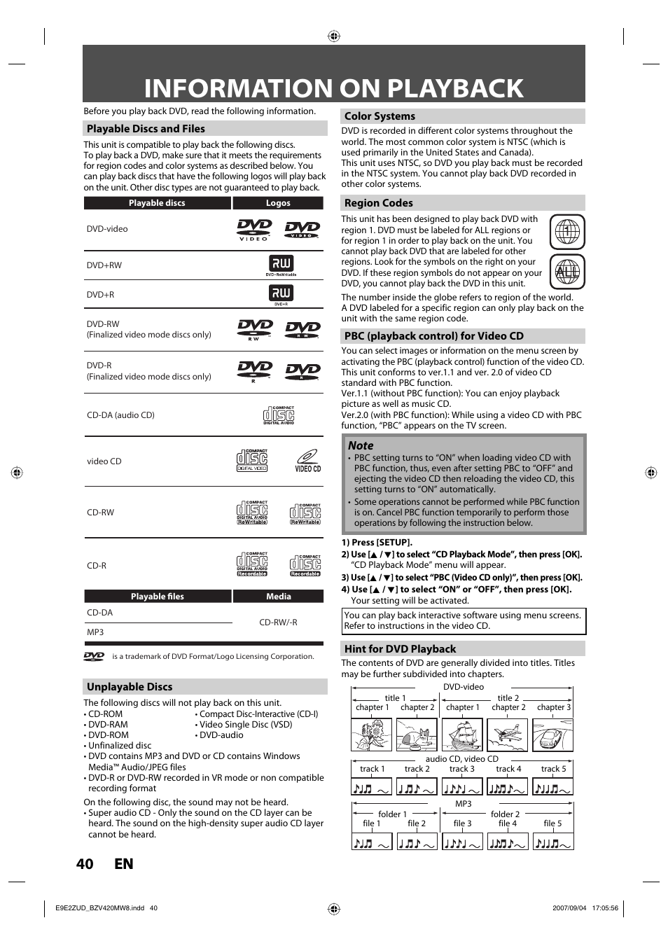 Information on playback, 40 en 40 en | FUNAI BZV420MW8 User Manual | Page 42 / 94