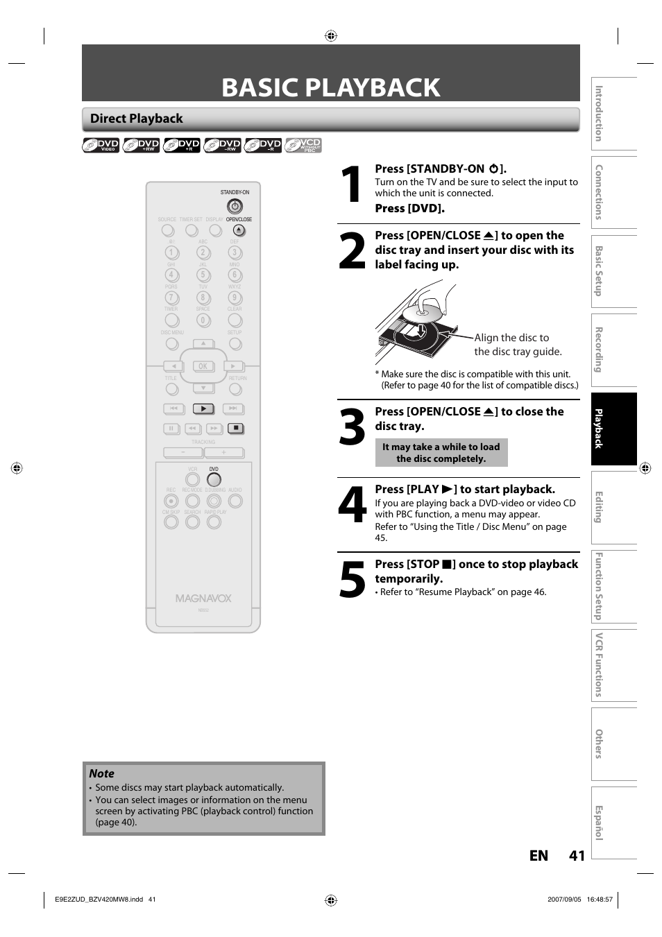 Basic playback, 41 en 41 en, Direct playback | FUNAI BZV420MW8 User Manual | Page 43 / 94