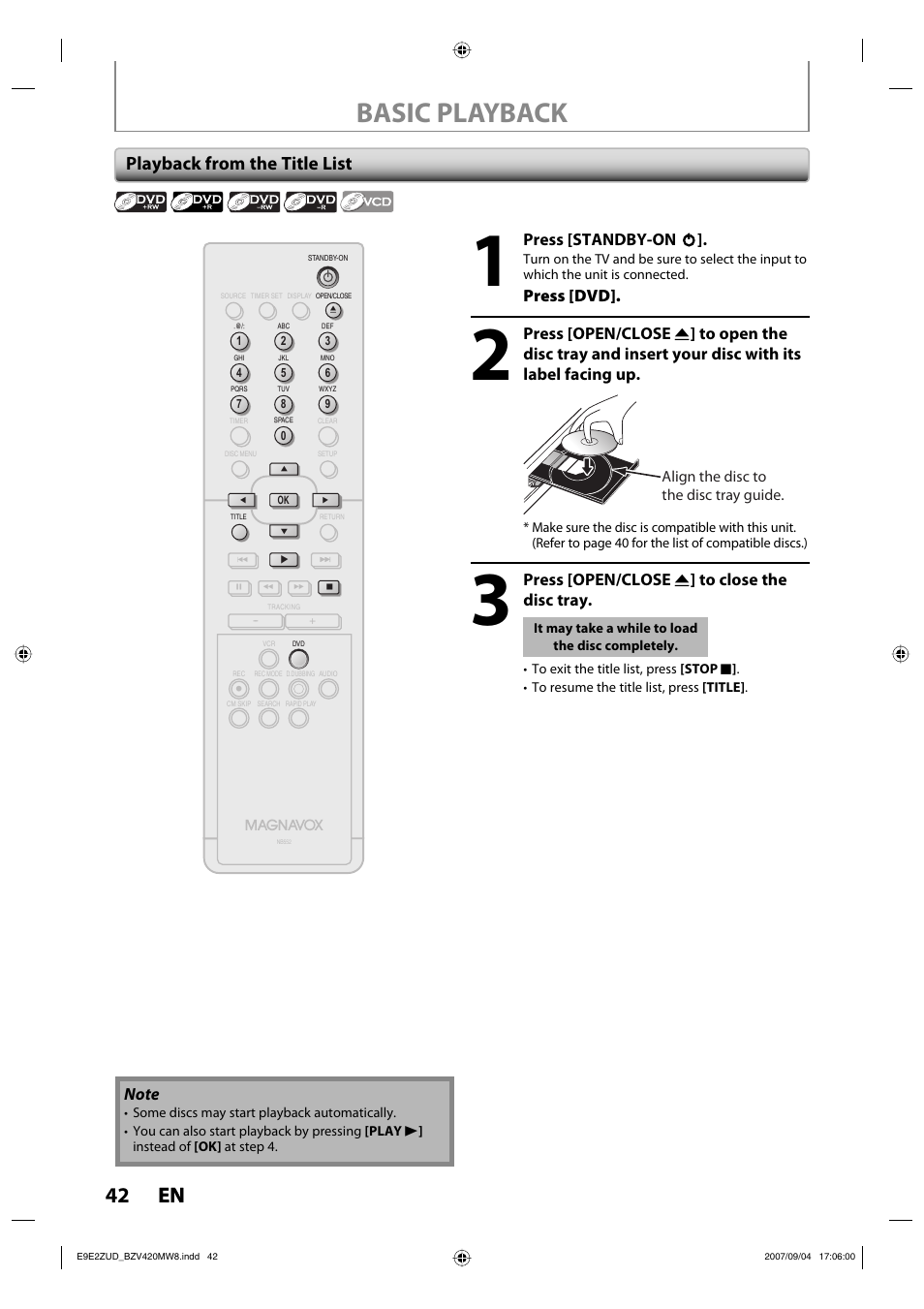 Basic playback, 42 en 42 en, Playback from the title list | Press [standby-on y y, Press [dvd, Press [open/close a ] to close the disc tray, Align the disc to the disc tray guide | FUNAI BZV420MW8 User Manual | Page 44 / 94