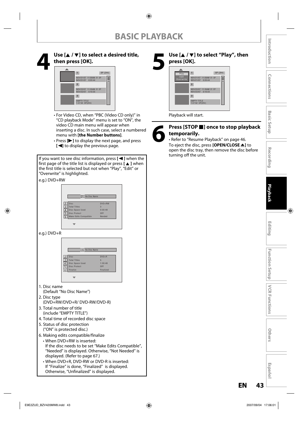 Basic playback, 43 en 43 en, Use [ k / l ] to select “play”, then press [ok | Press [stop c ] once to stop playback temporarily | FUNAI BZV420MW8 User Manual | Page 45 / 94