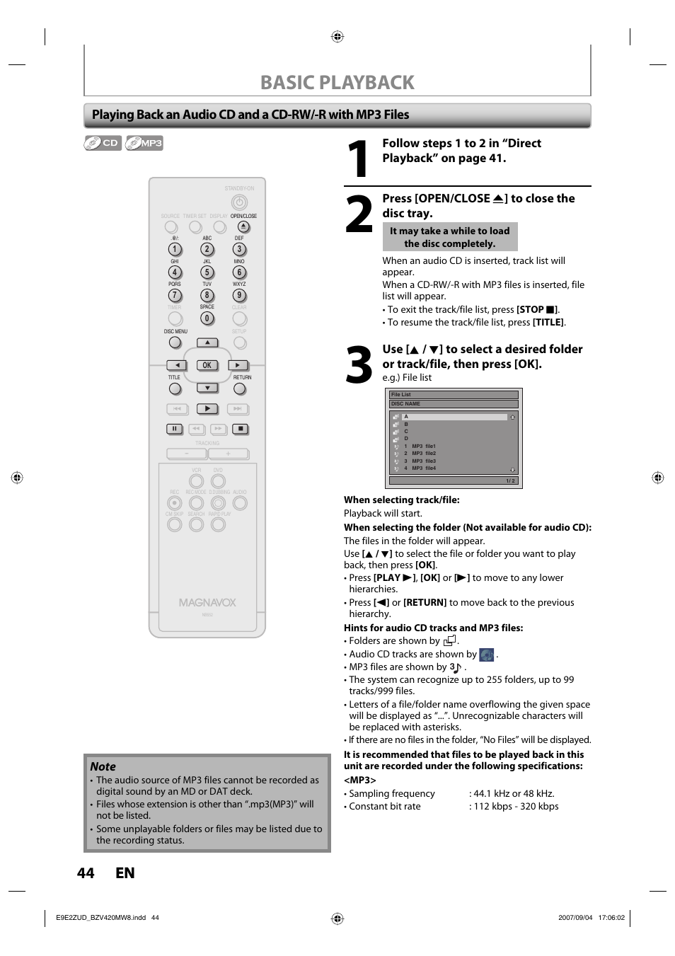 Basic playback, 44 en 44 en, Press [open/close a ] to close the disc tray | FUNAI BZV420MW8 User Manual | Page 46 / 94