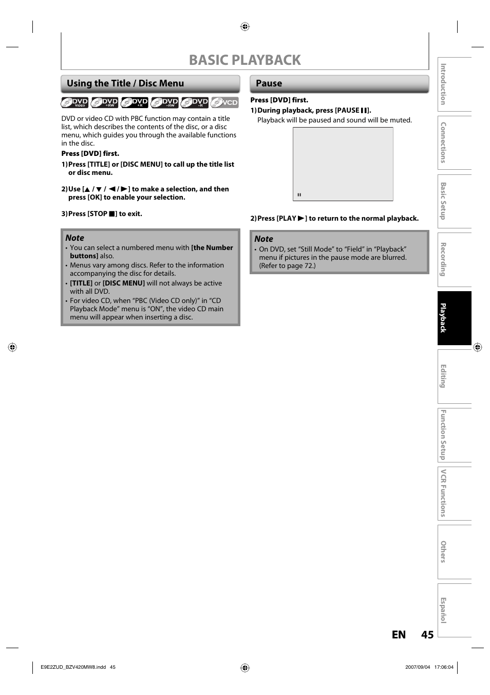 Basic playback, 45 en 45 en, Using the title / disc menu | Pause | FUNAI BZV420MW8 User Manual | Page 47 / 94