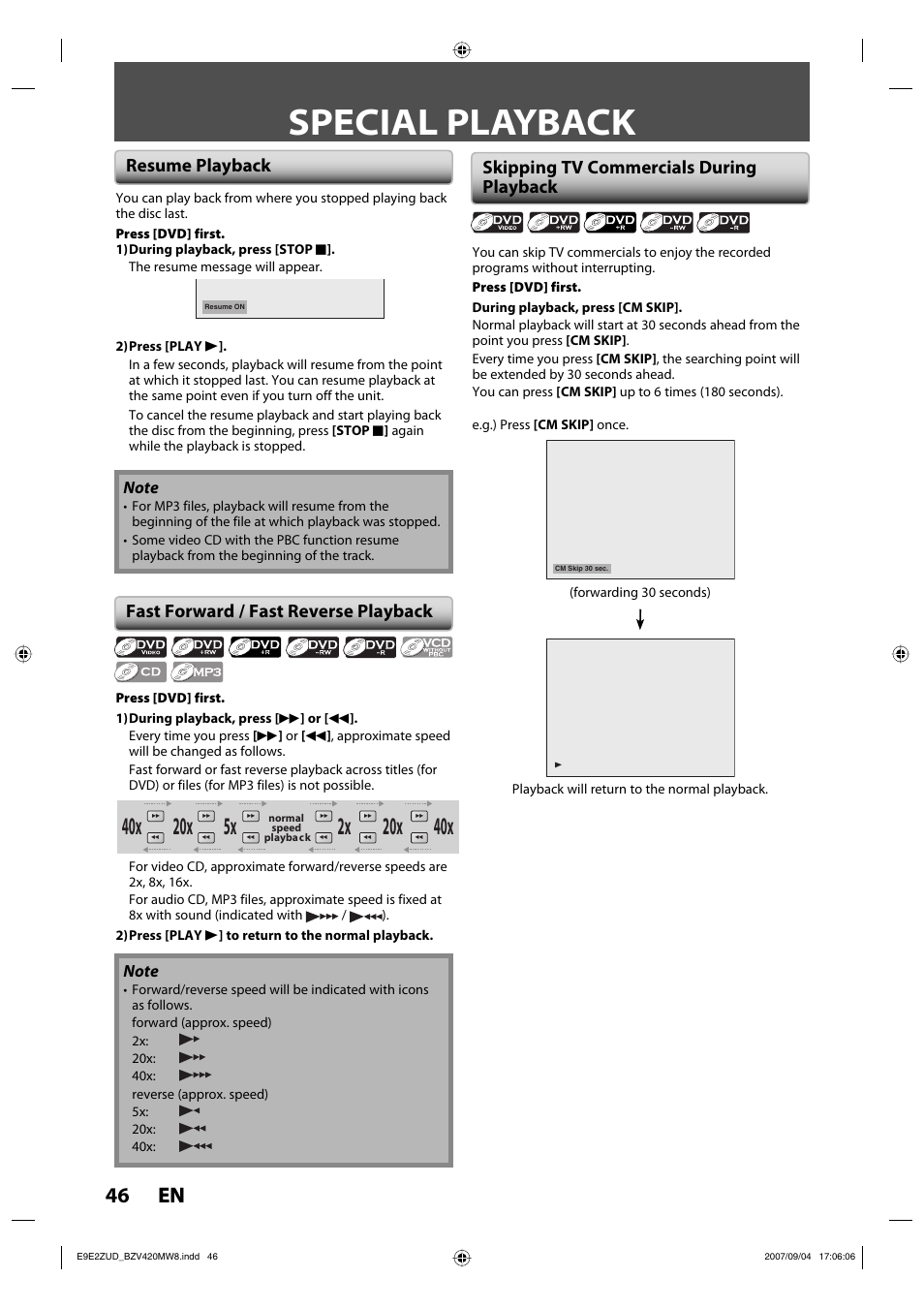 Special playback, 46 en 46 en, Resume playback | FUNAI BZV420MW8 User Manual | Page 48 / 94