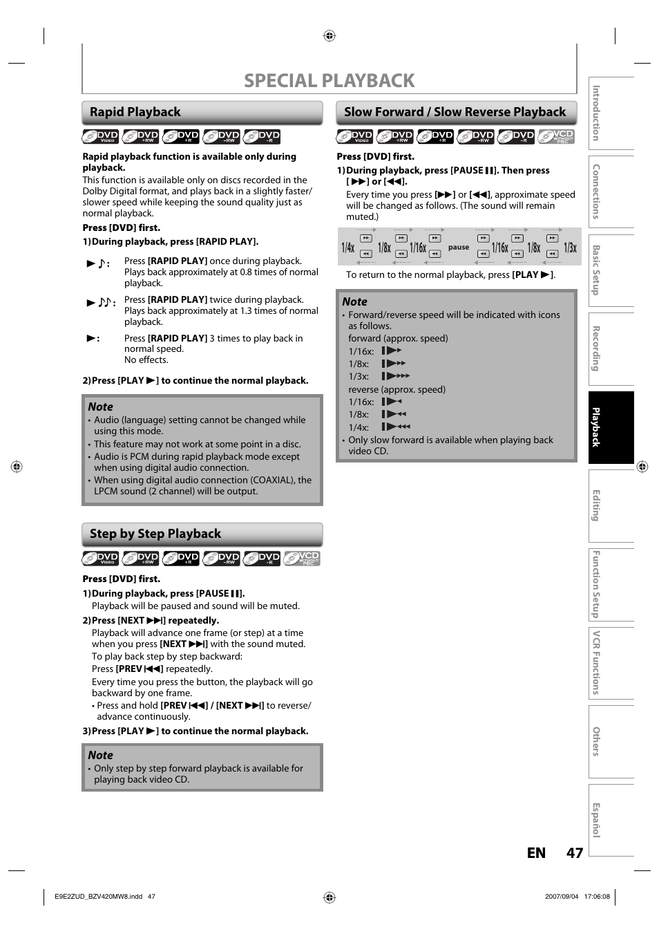 Special playback, 47 en 47 en, 1/8x | Rapid playback, Step by step playback, Slow forward / slow reverse playback | FUNAI BZV420MW8 User Manual | Page 49 / 94