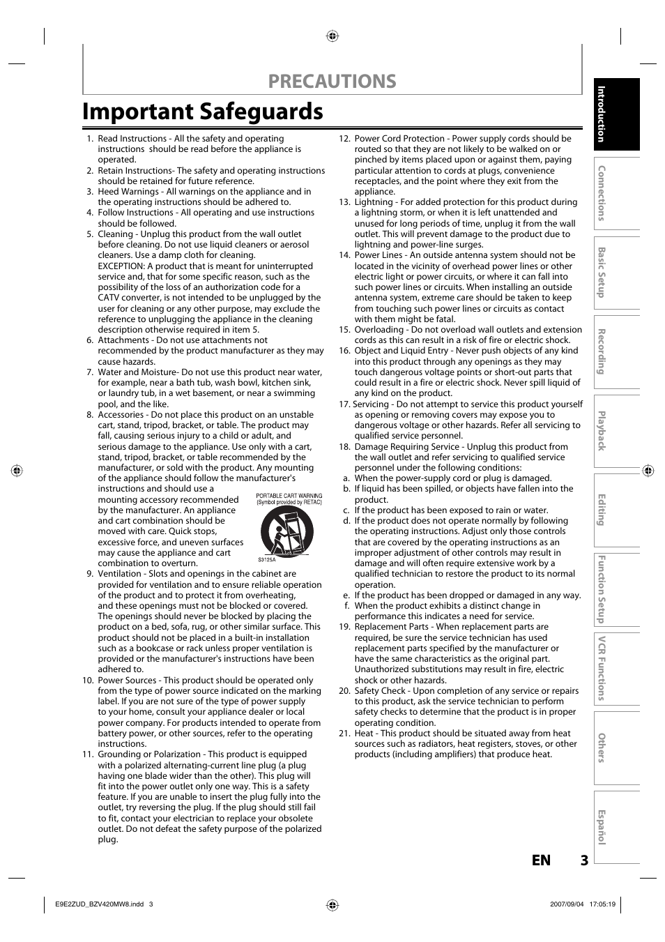 Important safeguards, Precautions, 3en 3 en | FUNAI BZV420MW8 User Manual | Page 5 / 94