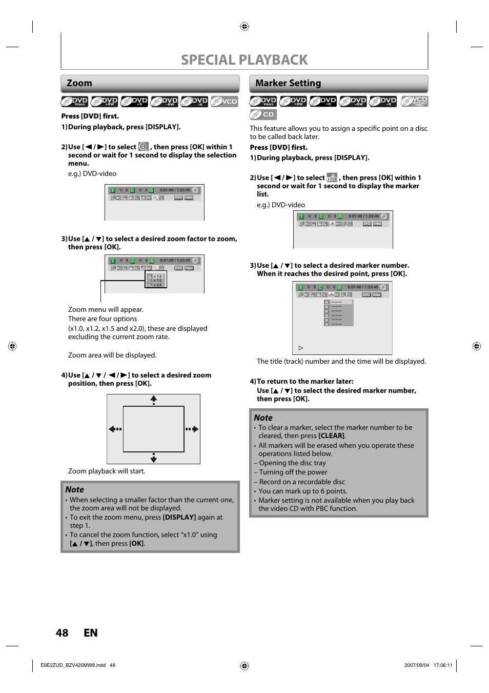 Special playback, 48 en 48 en, Zoom | Marker setting | FUNAI BZV420MW8 User Manual | Page 50 / 94