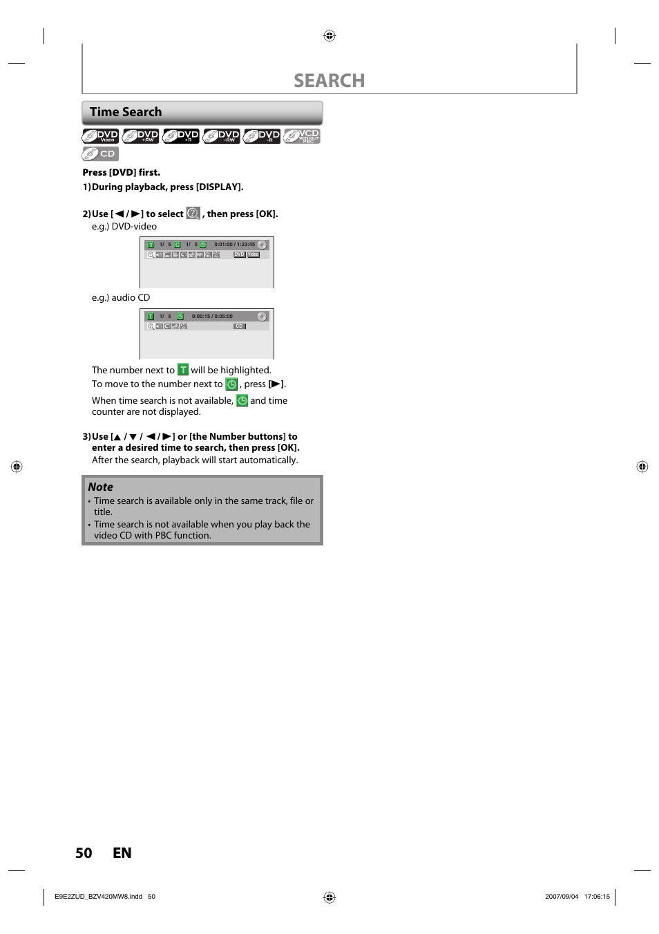 Search, 50 en 50 en, Time search | FUNAI BZV420MW8 User Manual | Page 52 / 94