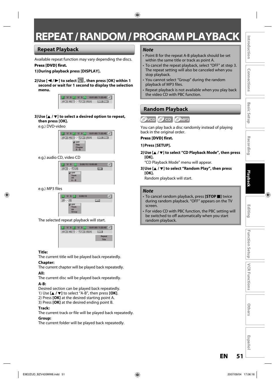 Repeat / random / program playback, 51 en 51 en, Repeat playback random playback | FUNAI BZV420MW8 User Manual | Page 53 / 94