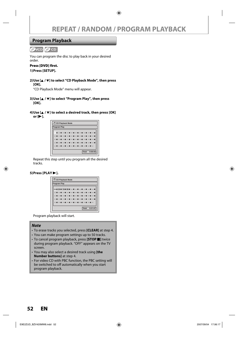 Repeat / random / program playback, 52 en 52 en, Program playback | Program playback will start | FUNAI BZV420MW8 User Manual | Page 54 / 94