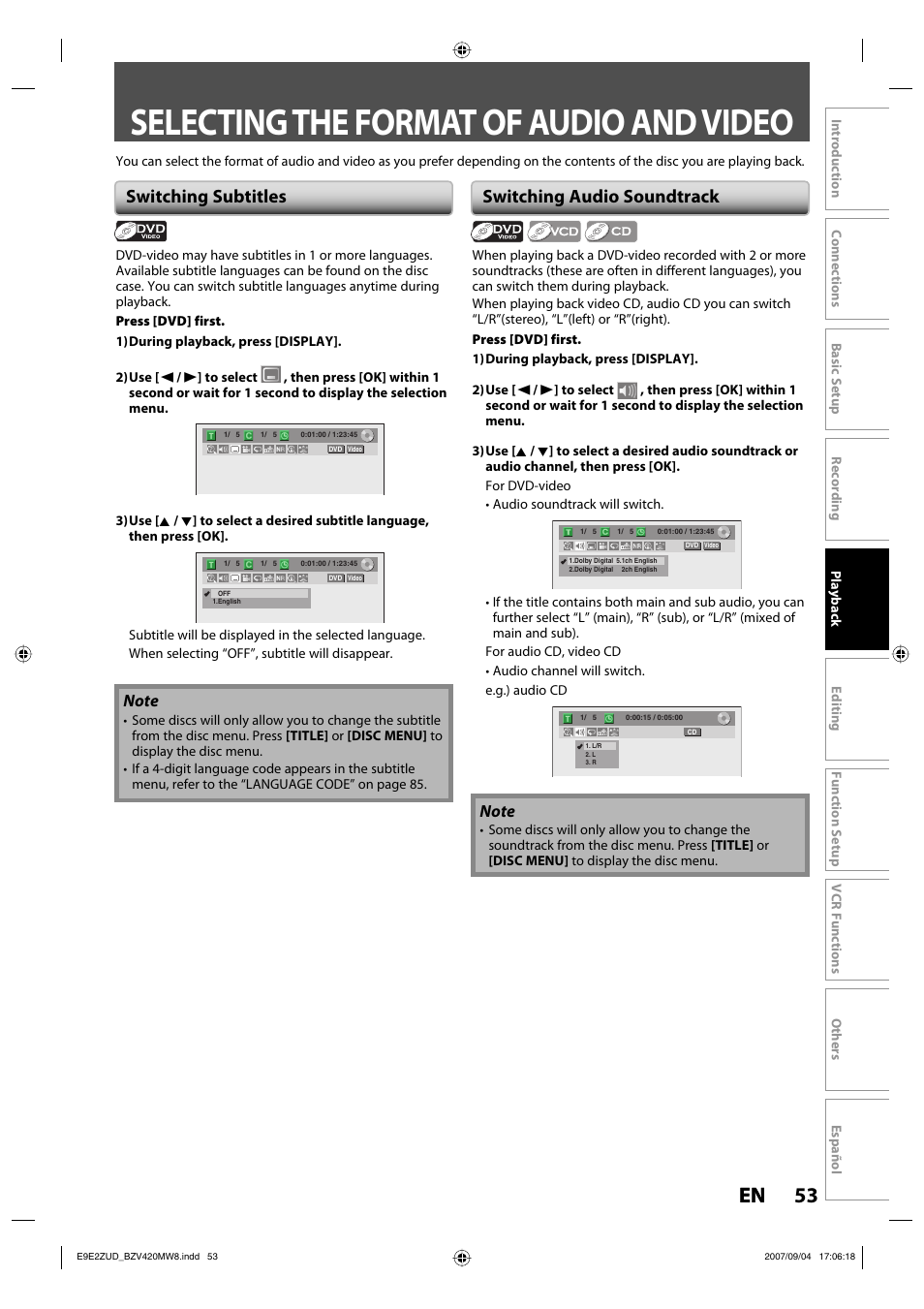 Selecting the format of audio and video, 53 en 53 en, Switching subtitles | Switching audio soundtrack | FUNAI BZV420MW8 User Manual | Page 55 / 94