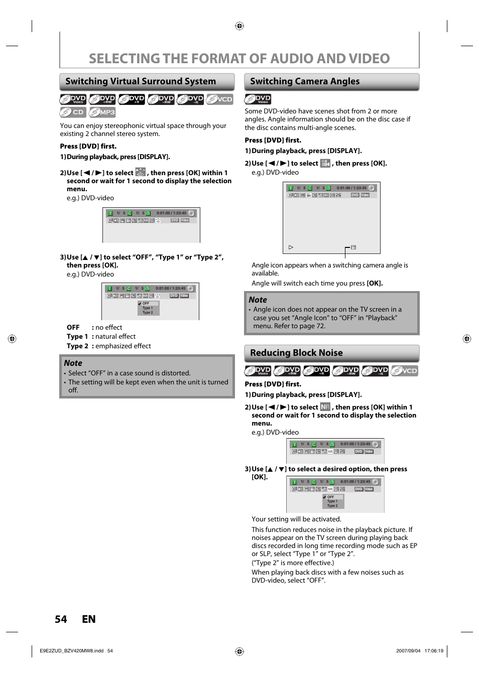 Selecting the format of audio and video, 54 en 54 en, Switching virtual surround system | Switching camera angles reducing block noise | FUNAI BZV420MW8 User Manual | Page 56 / 94