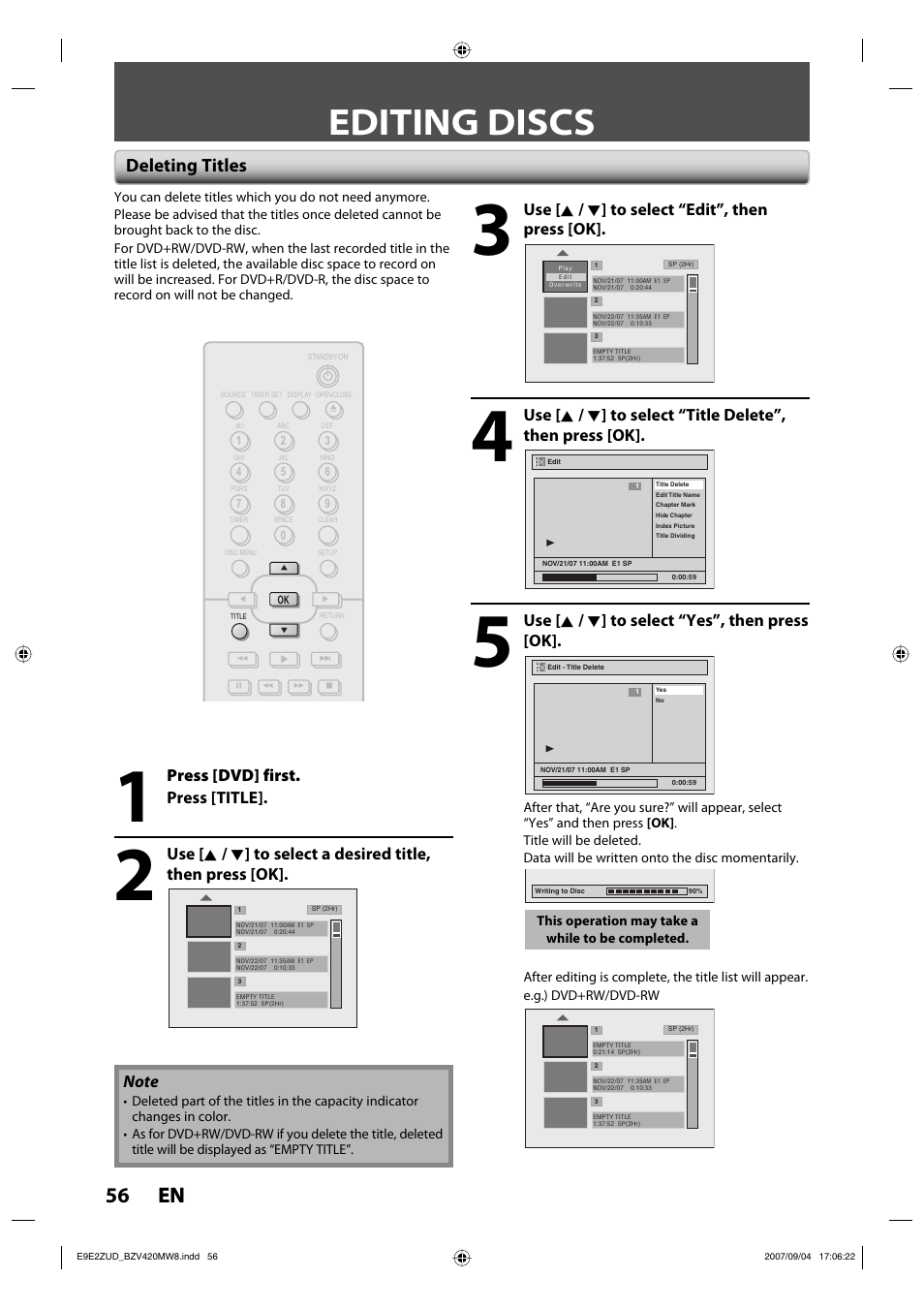 Editing discs, 56 en 56 en, Deleting titles | Use [ k / l ] to select “edit”, then press [ok, Use [ k / l ] to select “yes”, then press [ok, Press [dvd] first. press [title | FUNAI BZV420MW8 User Manual | Page 58 / 94