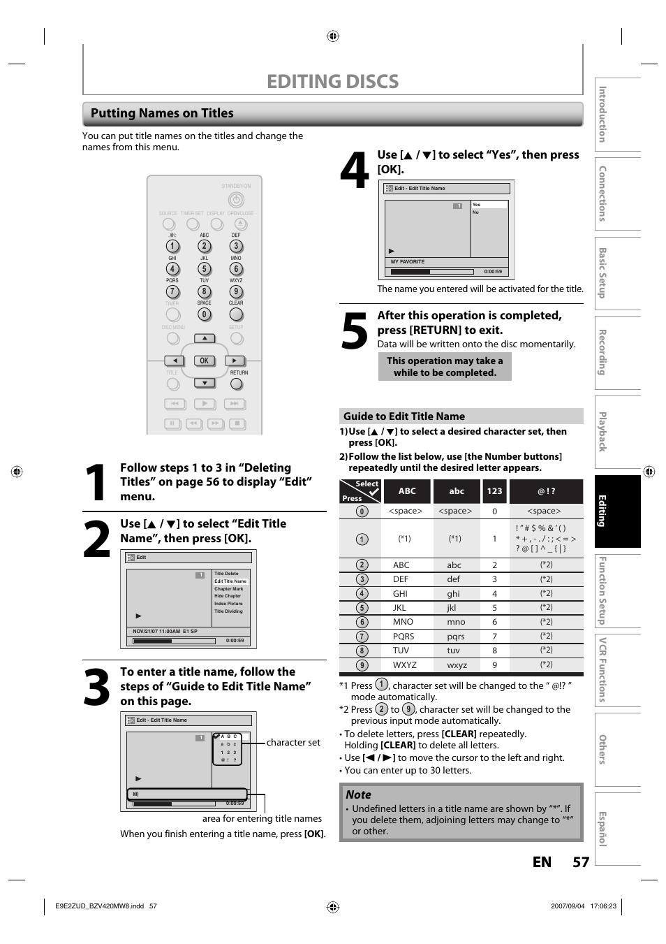 Editing discs, 57 en 57 en, Putting names on titles | Use [ k / l ] to select “yes”, then press [ok | FUNAI BZV420MW8 User Manual | Page 59 / 94