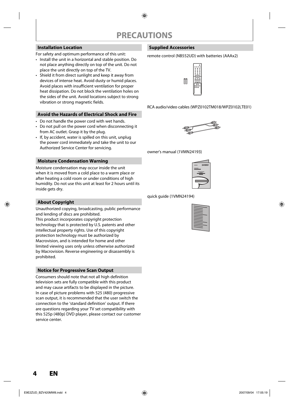 Precautions, 4en 4 en | FUNAI BZV420MW8 User Manual | Page 6 / 94