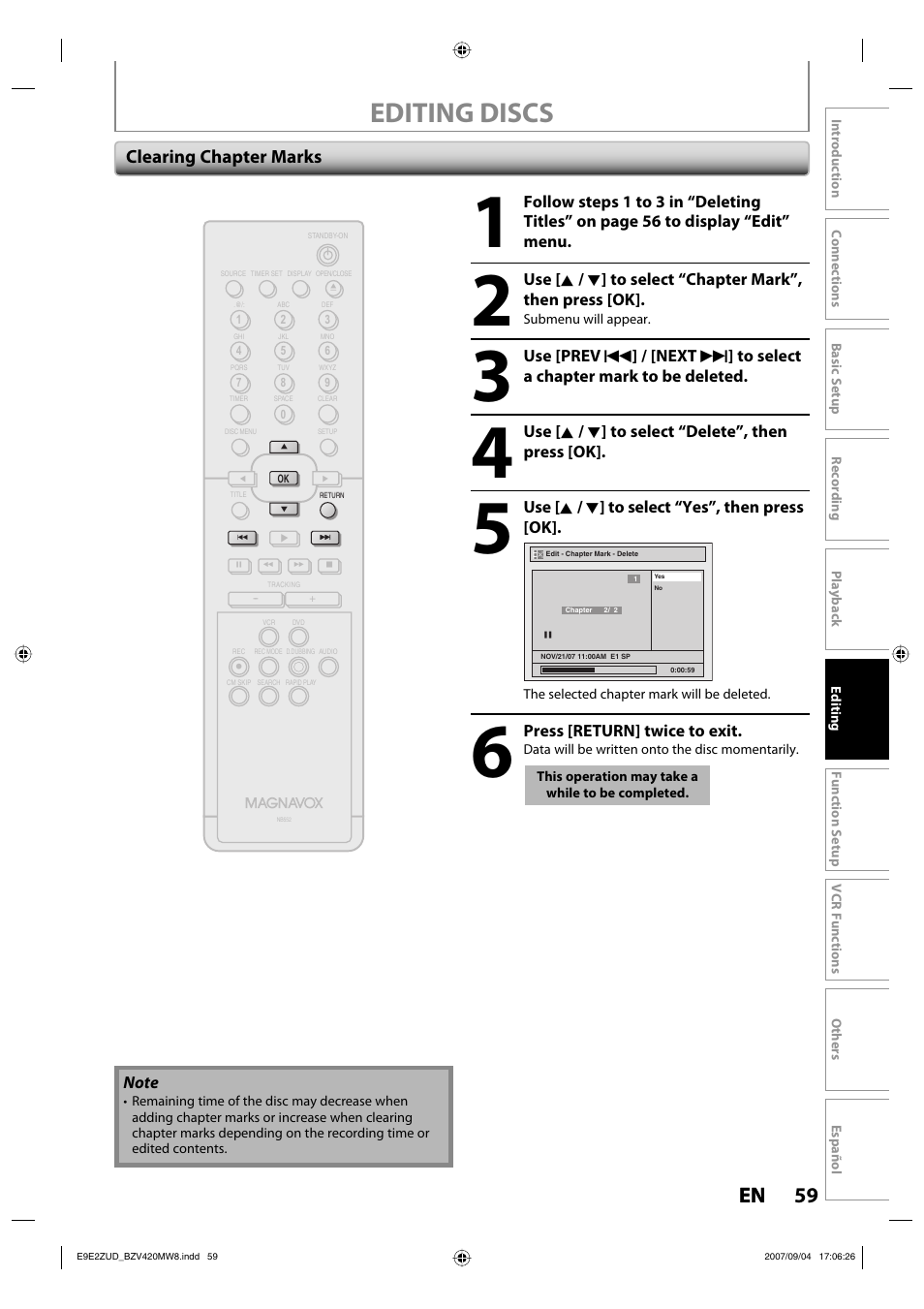Editing discs, 59 en 59 en, Clearing chapter marks | FUNAI BZV420MW8 User Manual | Page 61 / 94