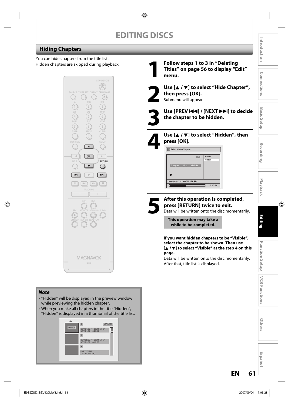 Editing discs, 61 en 61 en, Hiding chapters | Use [ k / l ] to select “hidden”, then press [ok | FUNAI BZV420MW8 User Manual | Page 63 / 94
