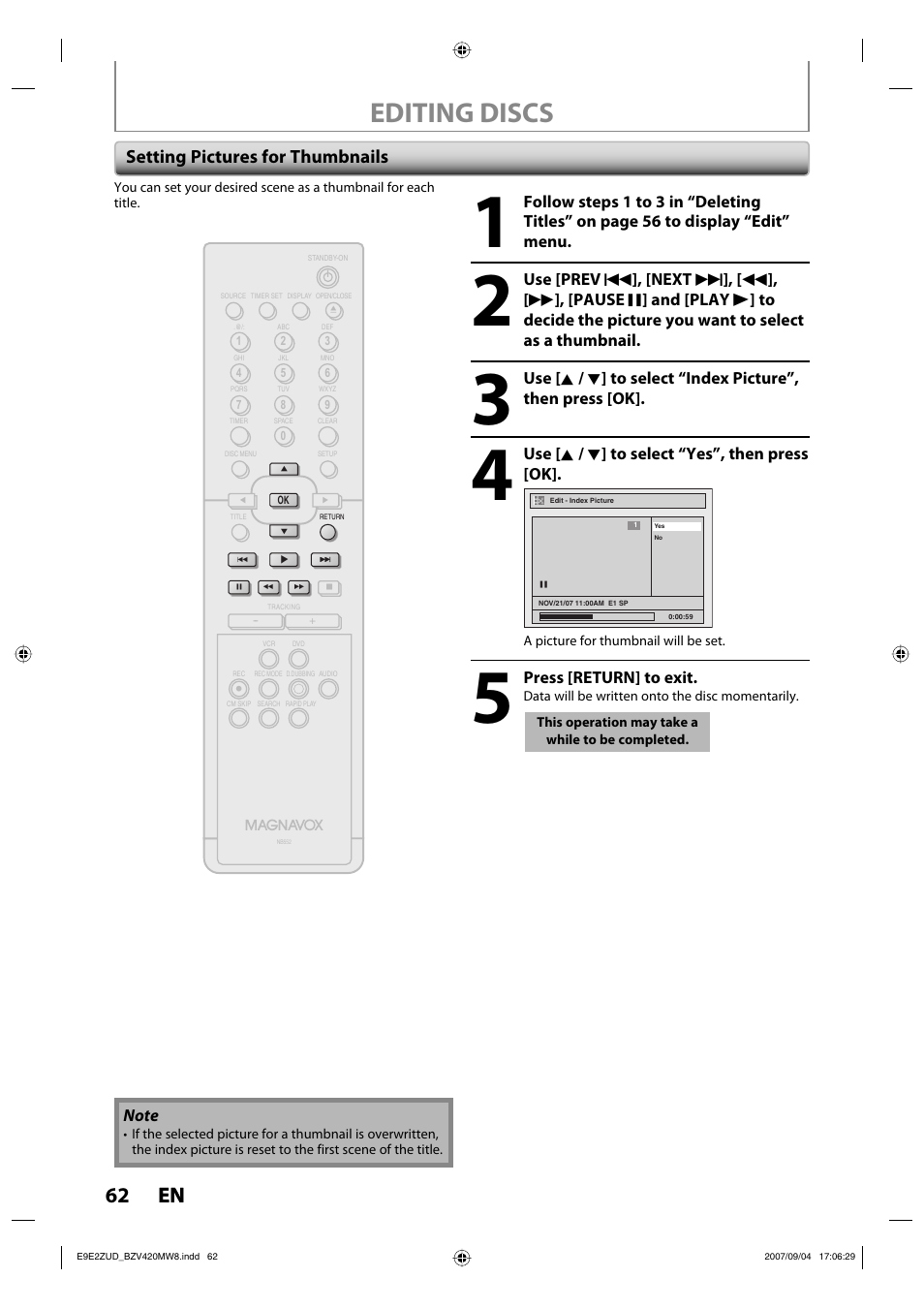 Editing discs, 62 en 62 en, Setting pictures for thumbnails | FUNAI BZV420MW8 User Manual | Page 64 / 94