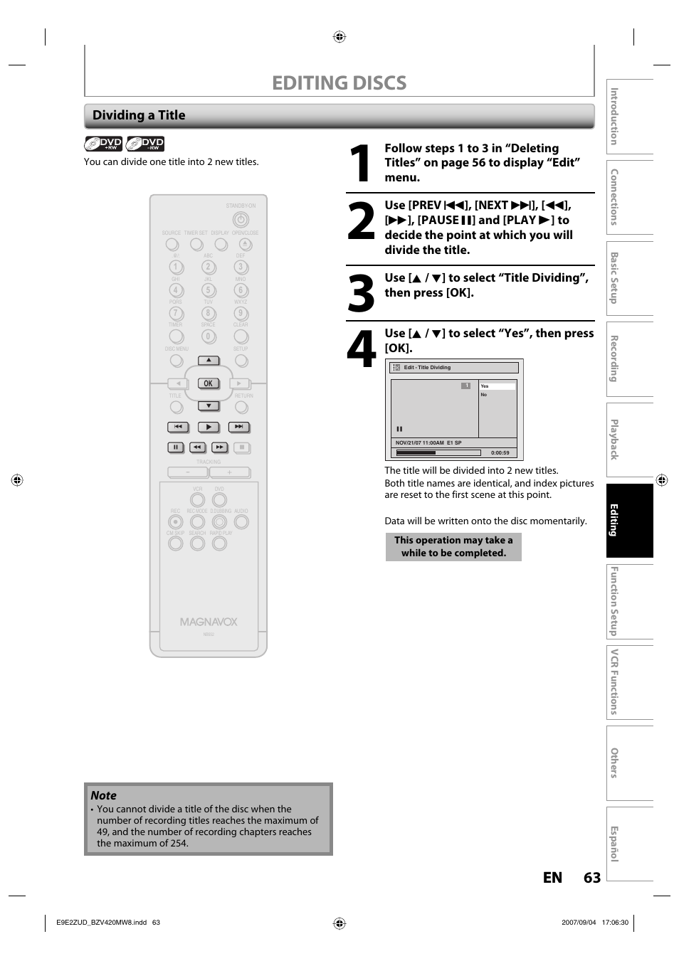 Editing discs, 63 en 63 en, Dividing a title | Use [ k / l ] to select “yes”, then press [ok | FUNAI BZV420MW8 User Manual | Page 65 / 94