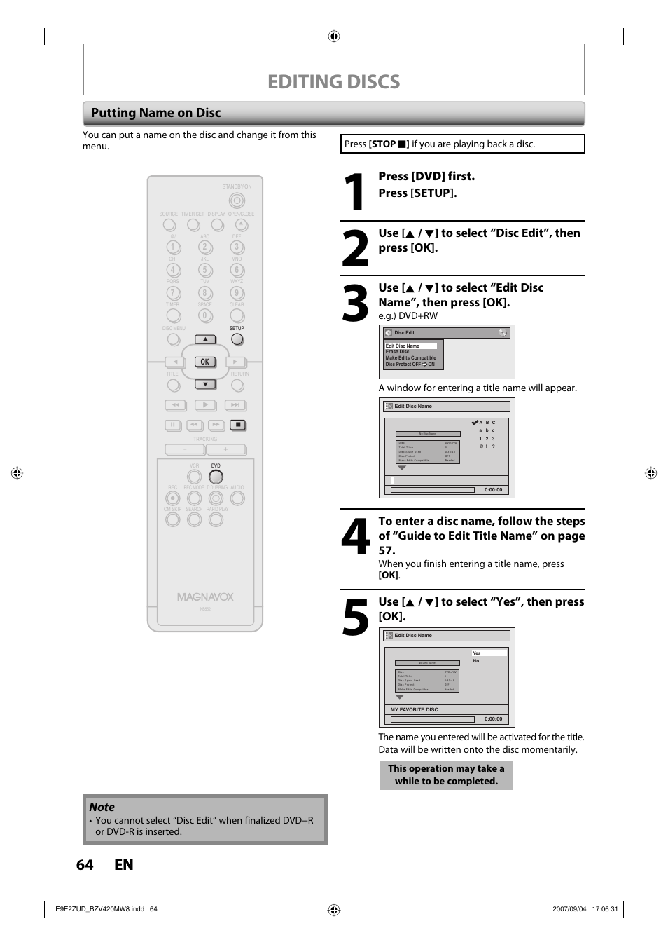 Editing discs, 64 en 64 en, Putting name on disc | Press [dvd] first. press [setup, Use [ k / l ] to select “yes”, then press [ok | FUNAI BZV420MW8 User Manual | Page 66 / 94