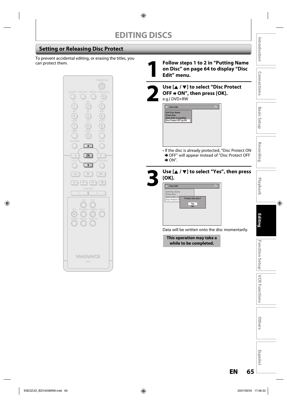 Editing discs, 65 en 65 en, Setting or releasing disc protect | Use [ k / l ] to select “yes”, then press [ok | FUNAI BZV420MW8 User Manual | Page 67 / 94
