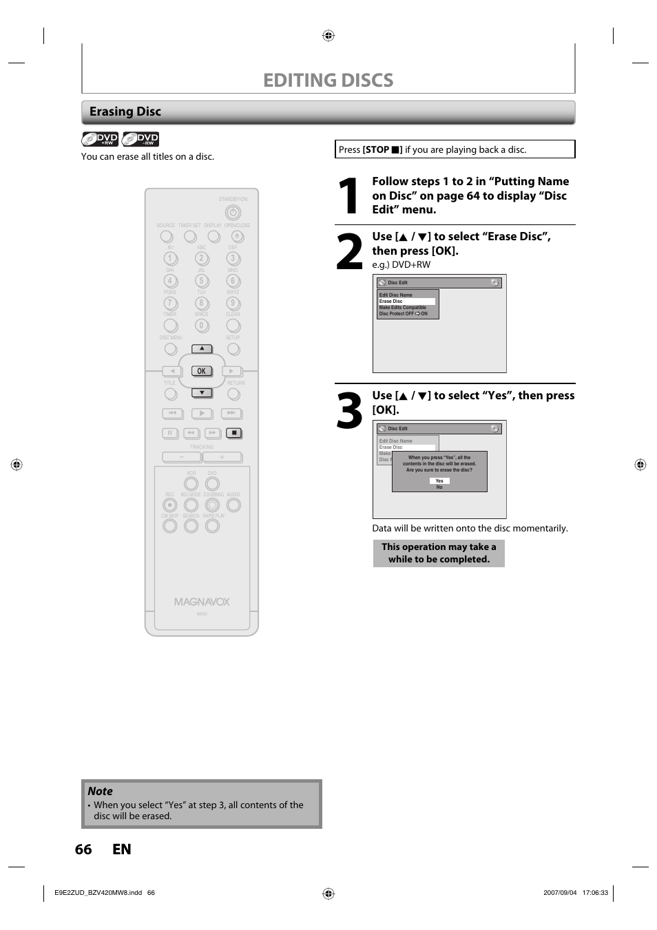 Editing discs, 66 en 66 en, Erasing disc | Use [ k / l ] to select “yes”, then press [ok | FUNAI BZV420MW8 User Manual | Page 68 / 94