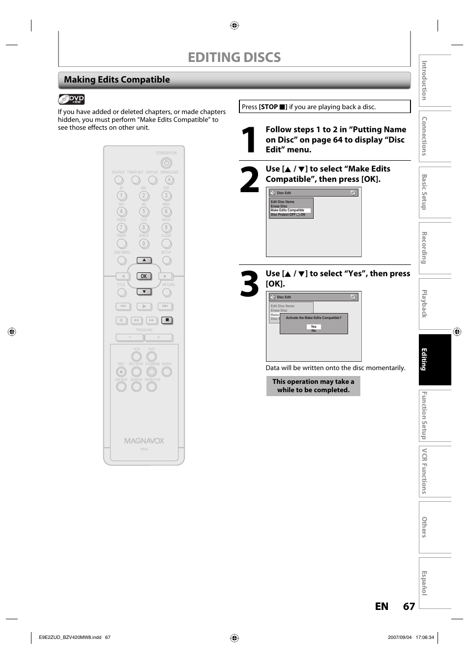 Editing discs, 67 en 67 en, Making edits compatible | Use [ k / l ] to select “yes”, then press [ok | FUNAI BZV420MW8 User Manual | Page 69 / 94