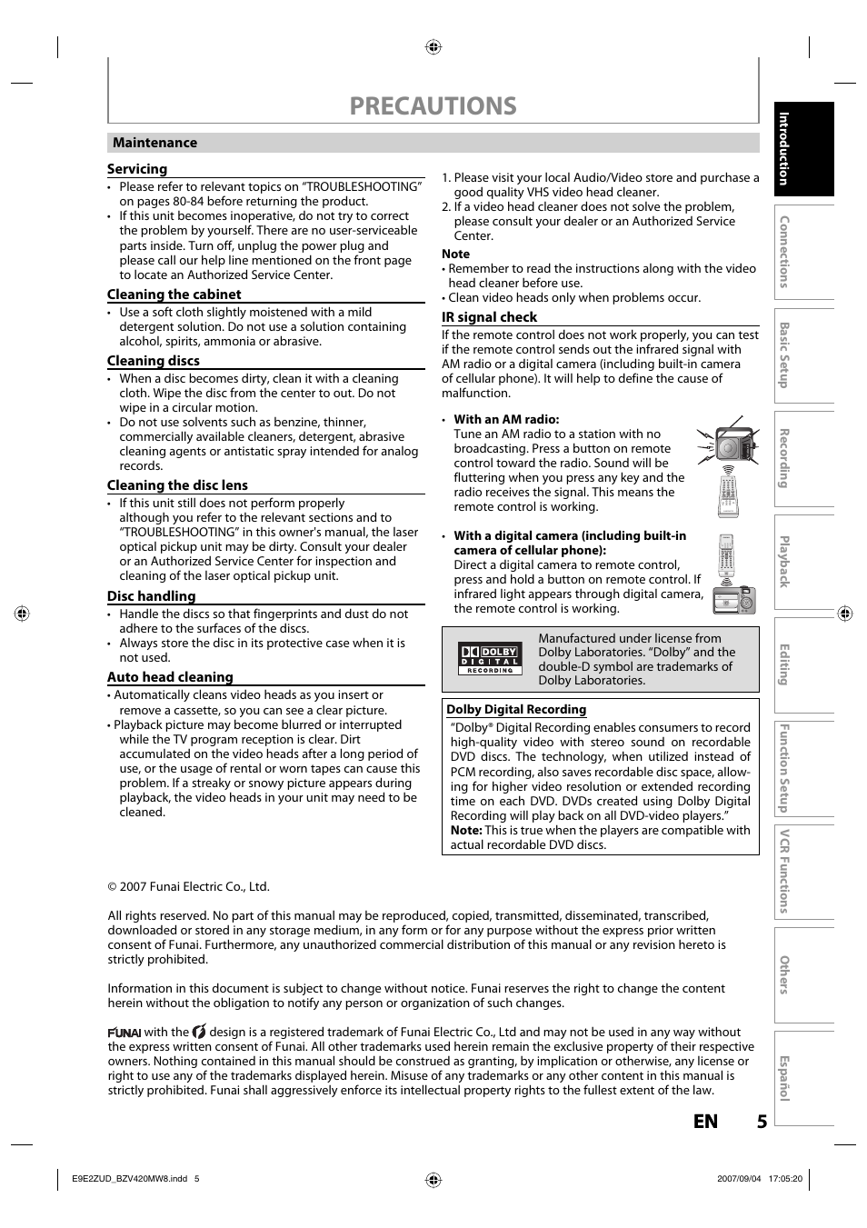 Precautions, 5en 5 en | FUNAI BZV420MW8 User Manual | Page 7 / 94