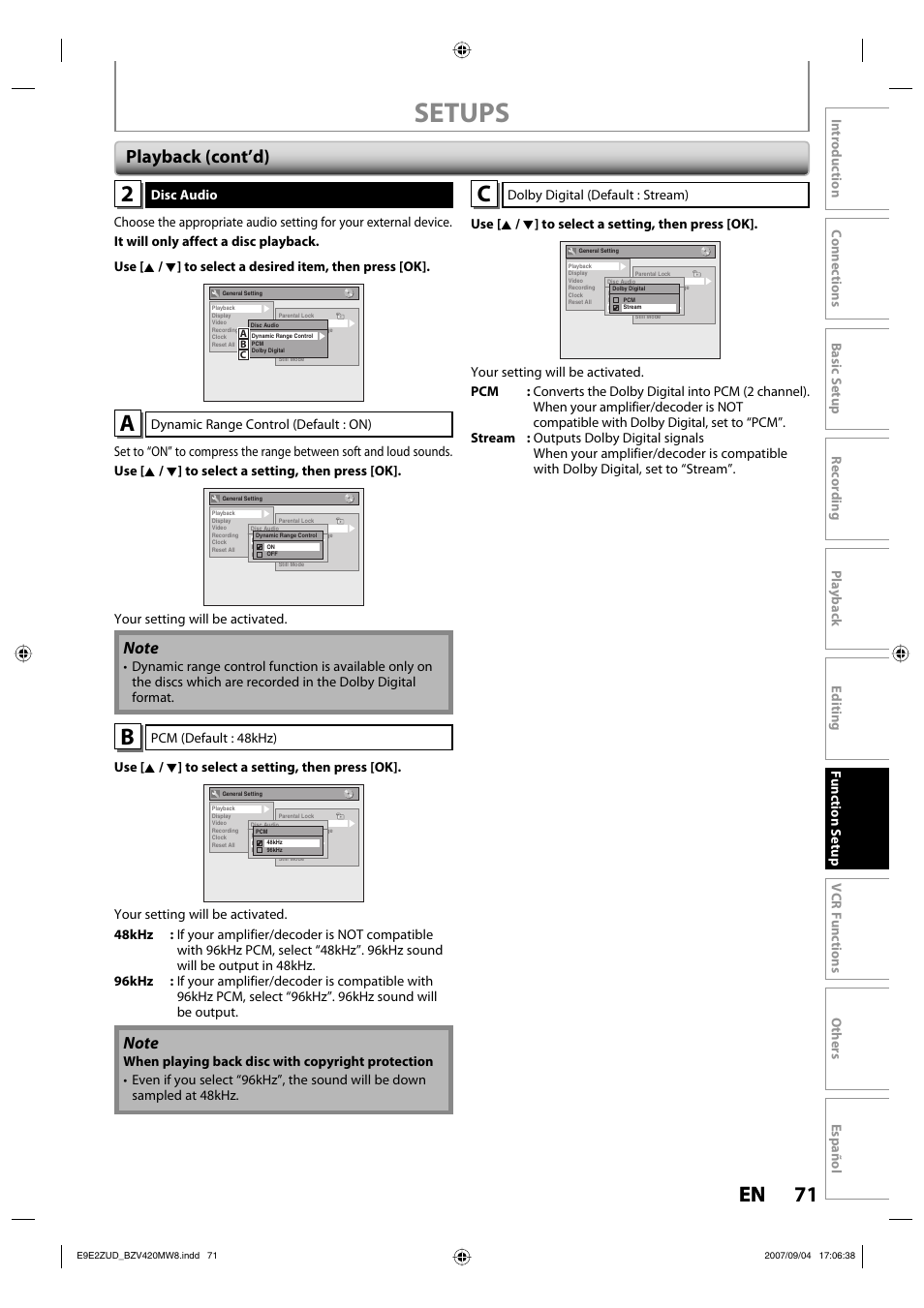 Setups, 71 en 71 en, Playback (cont’d) | FUNAI BZV420MW8 User Manual | Page 73 / 94
