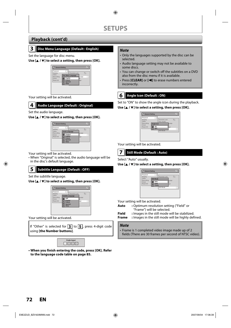 Setups, 72 en 72 en, Playback (cont’d) | FUNAI BZV420MW8 User Manual | Page 74 / 94