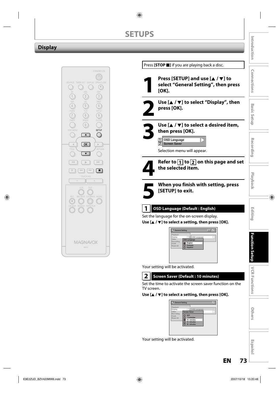 Setups, 73 en 73 en, Display | FUNAI BZV420MW8 User Manual | Page 75 / 94