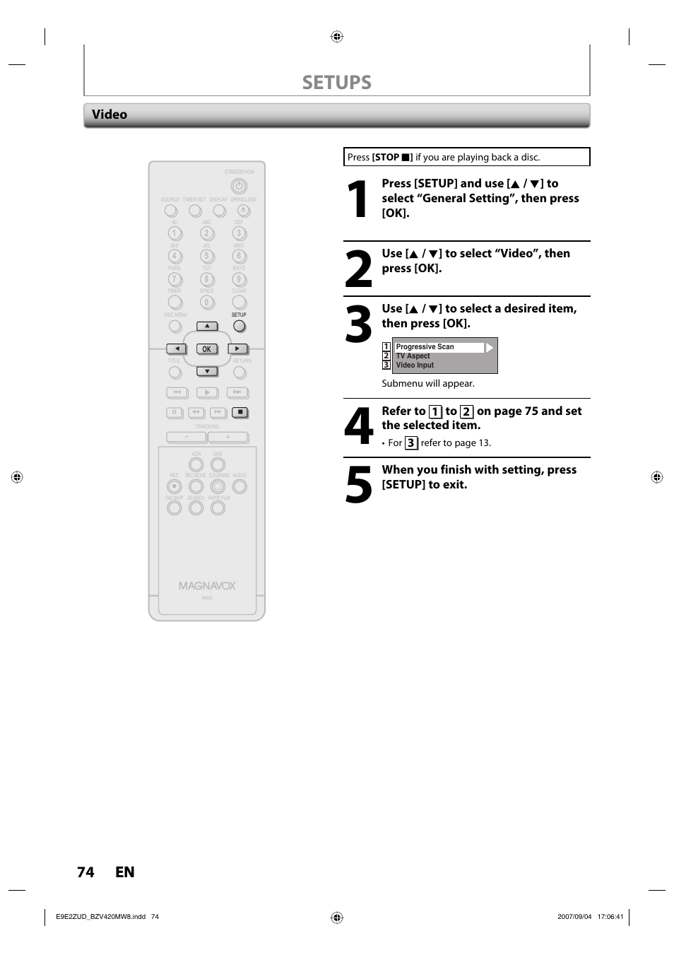 Setups, 74 en 74 en, Video | FUNAI BZV420MW8 User Manual | Page 76 / 94