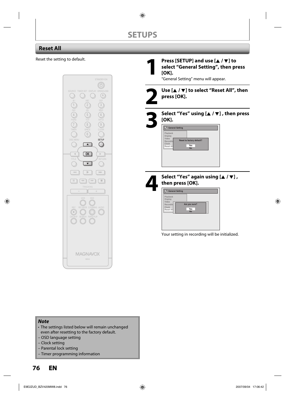 Setups, 76 en 76 en, Reset all | Select “yes” using [ k / l ] , then press [ok | FUNAI BZV420MW8 User Manual | Page 78 / 94