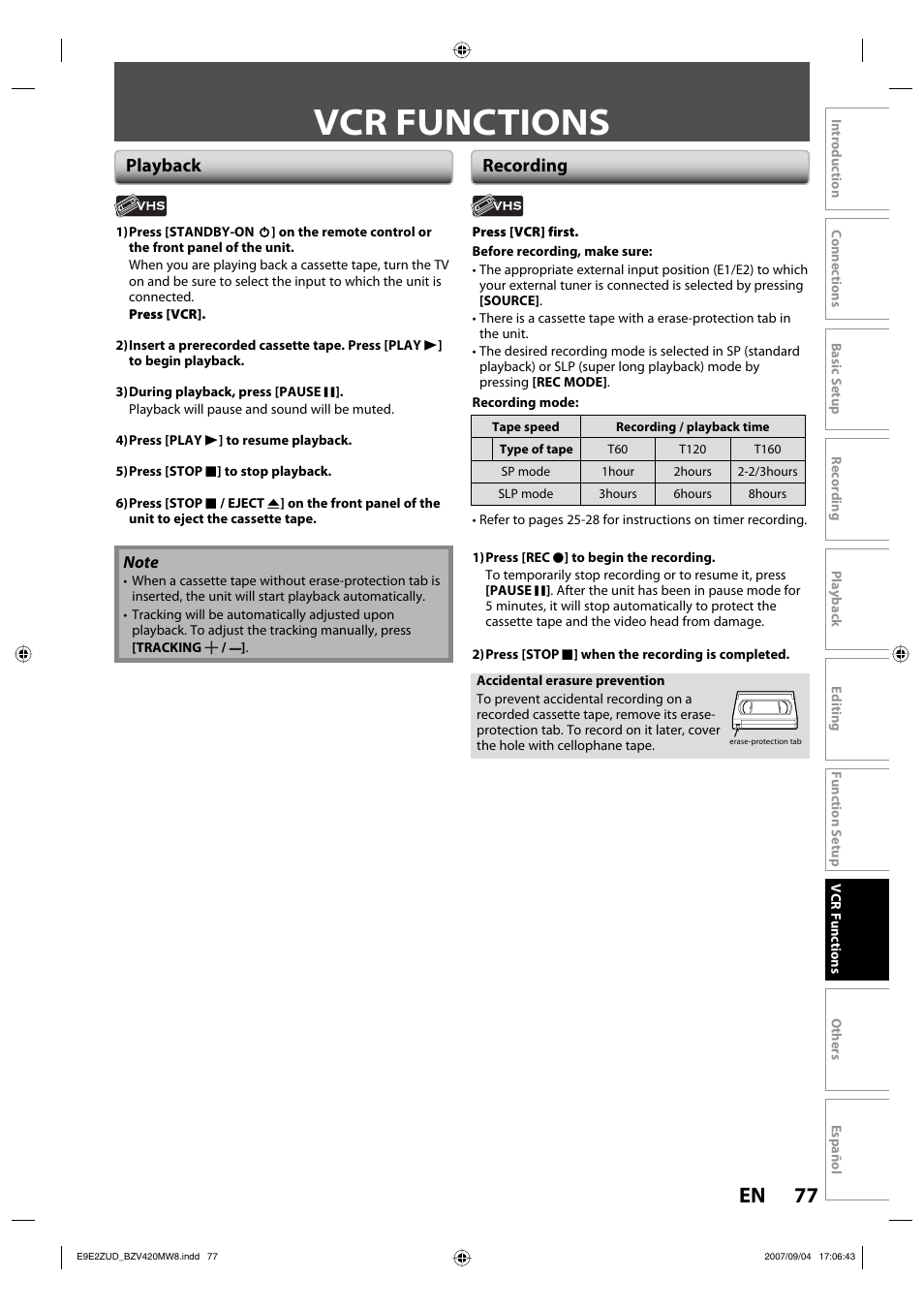 Vcr functions, 77 en, Playback recording | FUNAI BZV420MW8 User Manual | Page 79 / 94